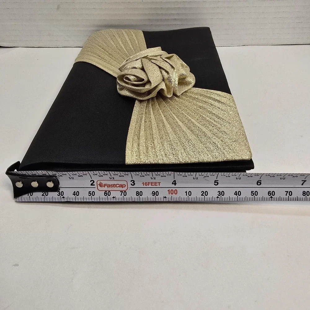 Vintage Black‎ Satin Evening Clutch Gold Rosette Pleated Formal Shoulder Bag